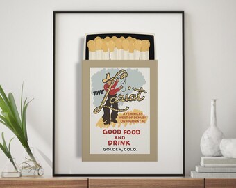 The Lariat Boulder Colorado Restaurant And Bar Matchbook Printable Wall Art, Matchbox Poster Cowboy Digital Download Artwork For Kitchen