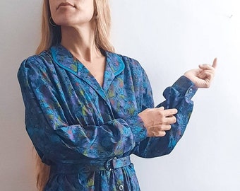 Vintage Blue Wrap Dress / Vintage Robe Dress / Vintage Floral Dress / Vintage Secretary Dress / Vintage Long Dress / 1970