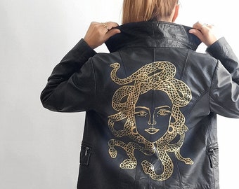 Golden Medusa Painted Jacket // Custom Leather Jacket / Vintage Gold Leather Jacket / Golden Medusa Snakes Jacket / Gift for Her / 2024