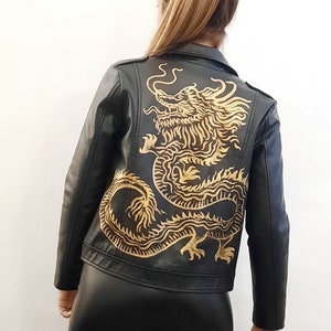 Vintage Faux Leather Jacket With Custom Painted Asian Golden