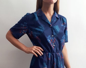 Vintage Floral Dress / Vintage Shirt Dress / Vintage Blue Dress / Gift for Vintage Lover / Vintage Secretary Dress / 1970