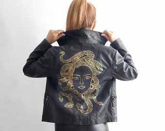 Golden Medusa Painted Jacket // Custom Leather Jacket / Vintage Gold Leather Jacket / Golden Medusa Snakes Jacket / Gift for Her / 2024