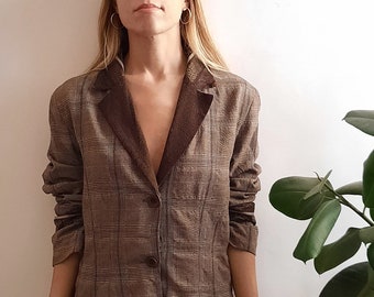 Vintage brown plaid blazer / Vintage Prince of Wales blazer / Vintage blazer with lapels and embellished cuffs / Vintage gift for her / 1990