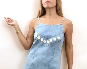 Vintage Daisy Denim / Vintage Denim Dress / Vintage Jeans Dress / Vintage Daisies Dress / Vintage Slip Denim Dress / Gift for Her / 1990