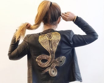 Golden Kobra Painted Jacket // Custom Leather Jacket / Vintage Gold Leather Jacket / Golden Kobra Snake Jacket / Gift for Her / 2024