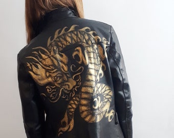 EXAMPLE PIECE / Golden Dragon Painted Jacket // Custom Leather Jacket / Vintage Gold Leather Jacket / Asian Dragon Jacket / Gift for Her