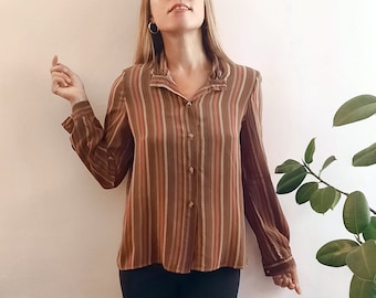 Vintage Striped Blouse // Vintage Classic Blouse / Vintage Silk Blouse / Vintage Brown Blouse / Vintage Autumn / Vintage Gift for Her / 1980