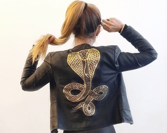 Golden Kobra Painted Jacket // Custom Leather Jacket / Vintage Gold Leather Jacket / Golden Kobra Snake Jacket / Gift for Her / 2024