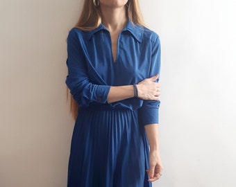 Vintage Pleated Dress / Vintage Indigo Dress / Vintage Blue Dress / Vintage Secretary Dress / Unique Gift Idea for Vintage Lover / 1970