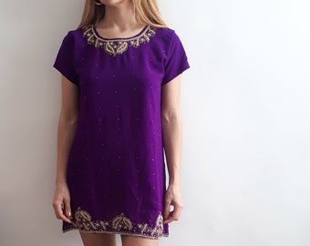 Vintage Indian Dress / Vintage Purple Dress / Vintage Beaded Dress / Gift for Vintage Lover / Vintage Short Dress / 1990