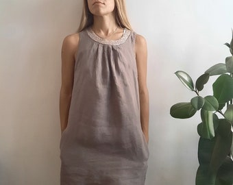 Vintage Linen Dress / Vintage Cocktail Dress / Vintage Beige Dress / Vintage Sequine Dress / Vintage Summer Dress / Gift for Her / 2000