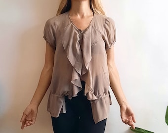 Vintage Silk Blouse / Vintage Tan Blouse / Vintage Crepe Silk Blouse / Vintage Silk Blouse with Flounces / Vintage Crepe Silk Top / 2000