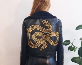 Golden Serpent Painted Jacket // Unique Vegan Leather Jacket / Gold Painted Faux Leather Jacket / Gold Snake Moto Jacket / Gift for Her