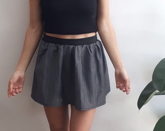 Vintage Fabric Skirt // Handmade Pinstripe Skirt / Elastic Band Skirt / Grey Puff Skirt / Skater Skirt / Grey Mini Skirt / Pinstripe Skirt