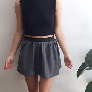Vintage Fabric Skirt // Handmade Pinstripe Skirt / Elastic Band Skirt / Grey Puff Skirt / Skater Skirt / Grey Mini Skirt / Pinstripe Skirt