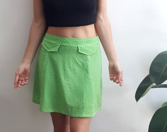 Vintage Polka Dot Skirt // Vintage Mini Skirt / Vintage Green Skirt / Vintage Acid Green Skirt / Vintage Skater Skirt / Gift for Her / 1990