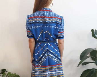 Vintage Geometric Dress / Vintage Patterned Dress / Vintage Secretary Dress / Vintage Blue Dress / Mad Men Style Dress / Vintage Boho / 1970