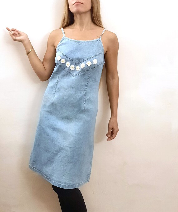 Vintage Daisy Denim Dress, 1990s Cotton Slip Dress (Size S)