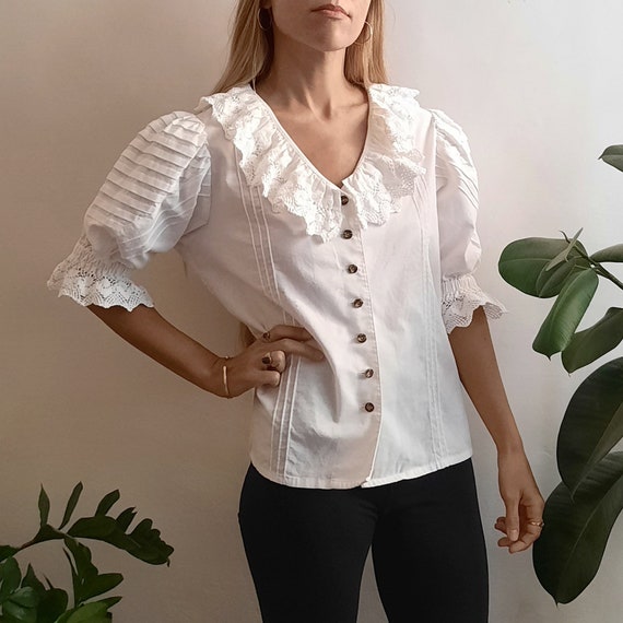 Vintage Tyrolean Blouse, White Cotton Embroidered Puff Sleeve Top 