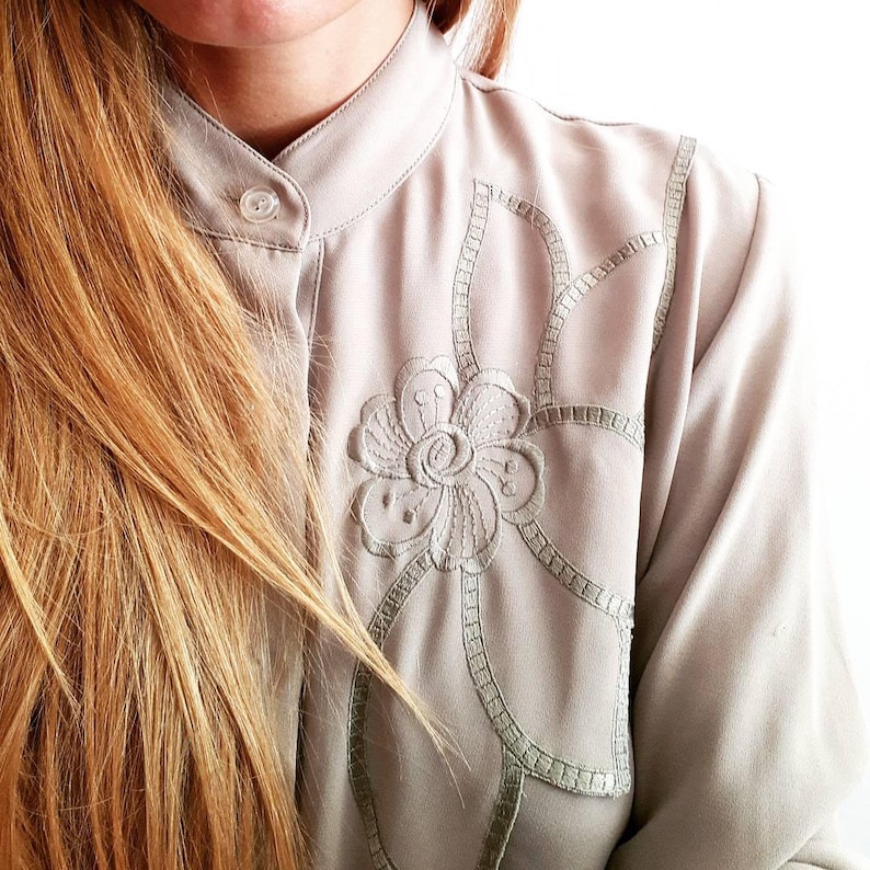 Vintage Embroidery Blouse Vintage Embroidered Blouse Vintage Floral Blouse Vintage Pistachio Blouse Vintage Mandarin Collar 1970