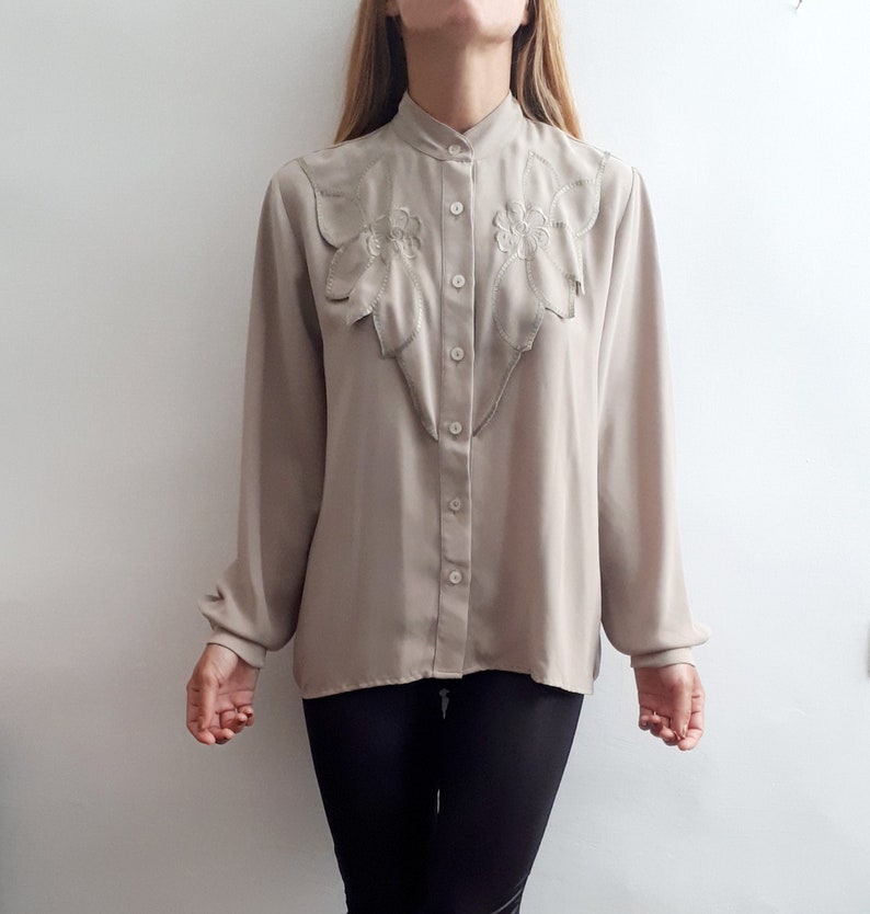 Vintage Embroidery Blouse Vintage Embroidered Blouse Vintage Floral Blouse Vintage Pistachio Blouse Vintage Mandarin Collar 1970