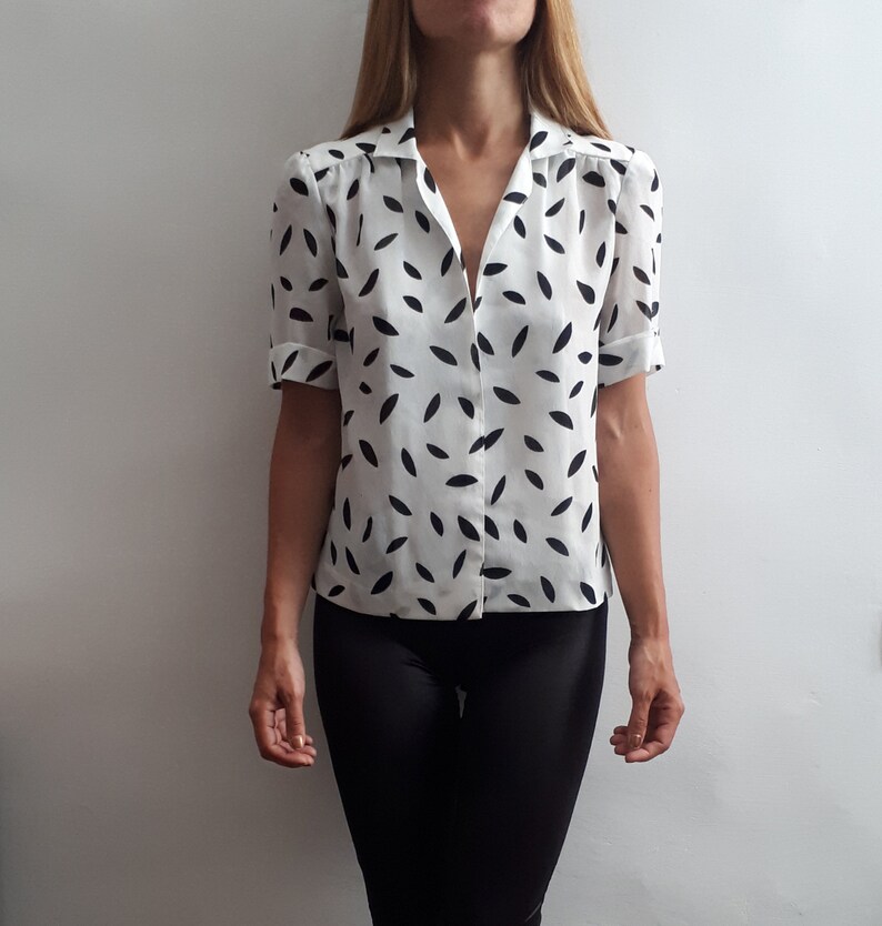 Vintage Secretary Blouse Vintage Black and White Blouse Vintage Short Sleeved Blouse Vintage Polkadot Blouse Vintage Gift 1970