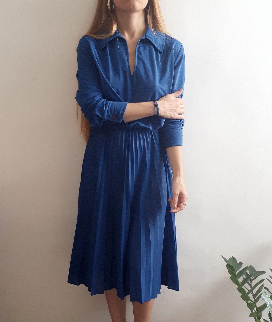 Vintage Pleated Dress / Vintage Indigo Dress / Vintage Blue Dress ...
