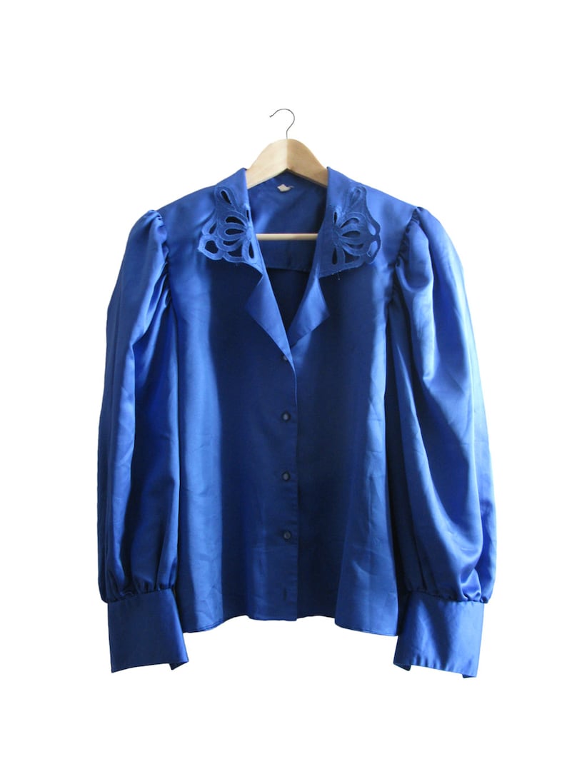 Vintage Blue Blouse Vintage Electric Blue Blouse Vintage Satin Blouse Vintage Austrian Blouse Vintage Garment Gift for Her 1970