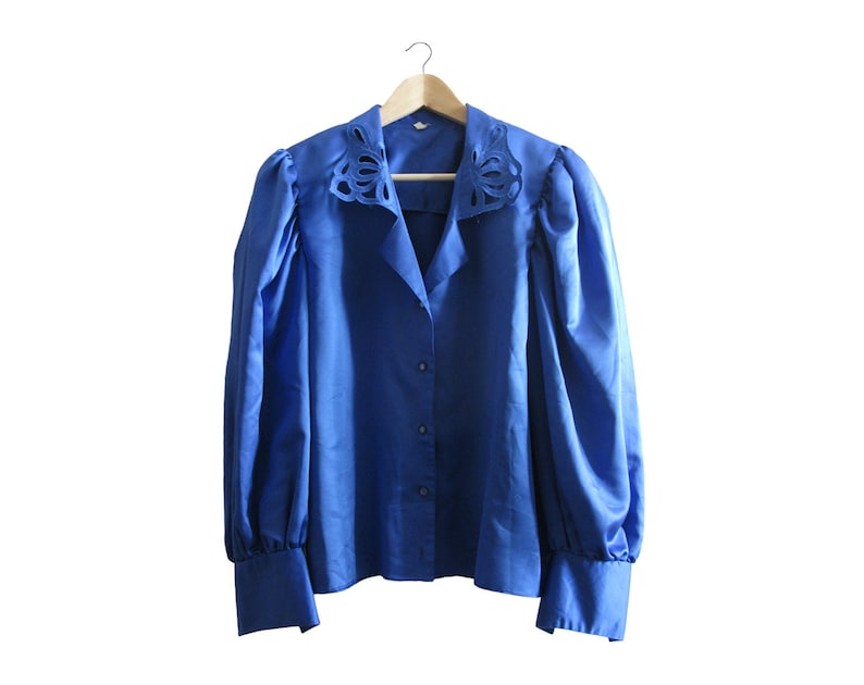 Vintage Blue Blouse Vintage Electric Blue Blouse Vintage Satin Blouse Vintage Austrian Blouse Vintage Garment Gift for Her 1970