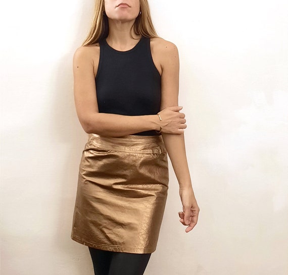 Vintage Golden Leather Skirt / Vintage Golden Ski… - image 4