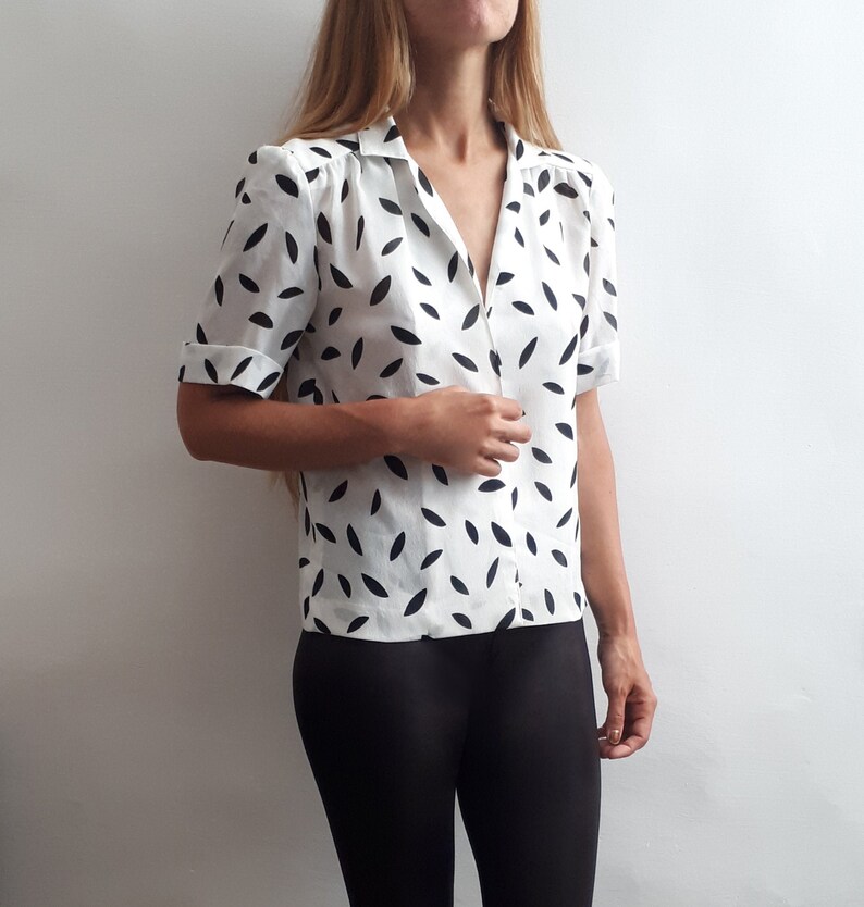 Vintage Secretary Blouse Vintage Black and White Blouse Vintage Short Sleeved Blouse Vintage Polkadot Blouse Vintage Gift 1970