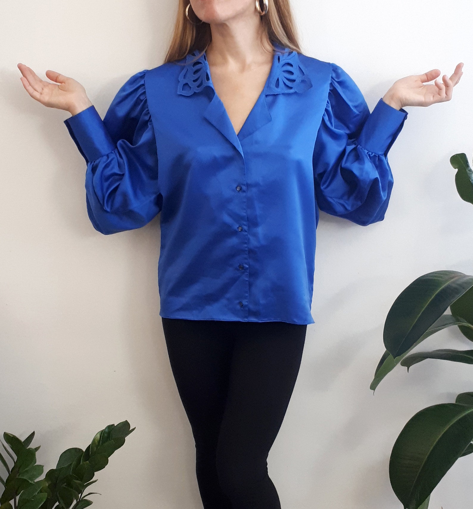Vintage Blue Blouse / Vintage Electric Blue Blouse / Vintage Satin