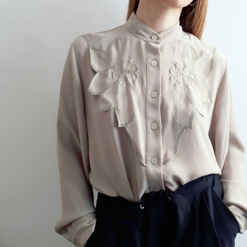 Vintage Embroidery Blouse Vintage Embroidered Blouse Vintage Floral Blouse Vintage Pistachio Blouse Vintage Mandarin Collar 1970