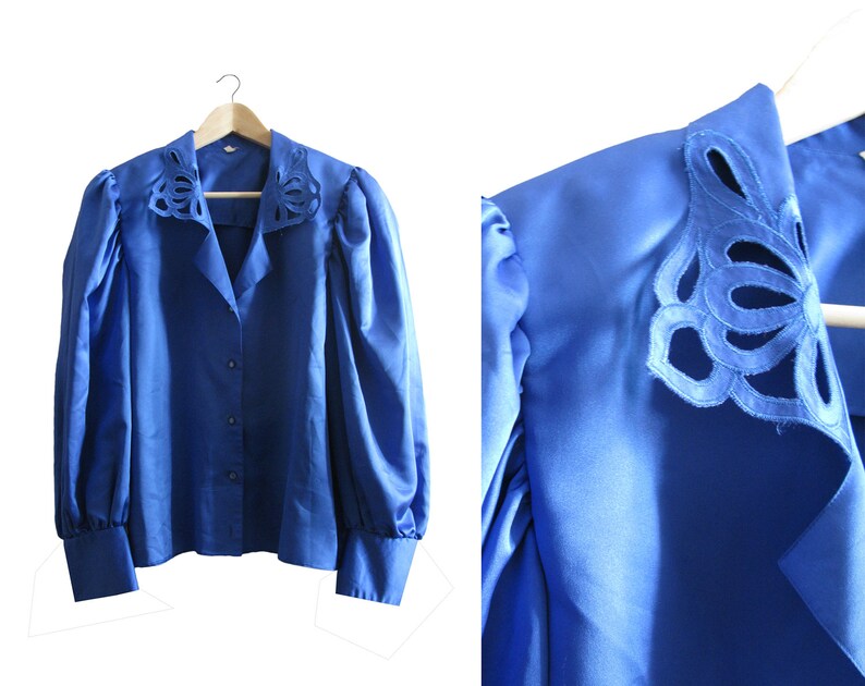 Vintage Blue Blouse Vintage Electric Blue Blouse Vintage Satin Blouse Vintage Austrian Blouse Vintage Garment Gift for Her 1970