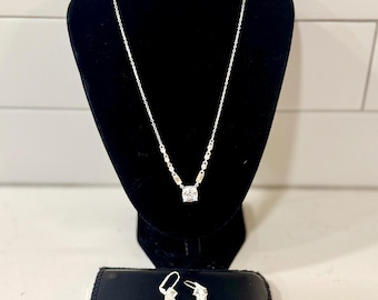 NVC Silver Tone Cubic Zirconia Cushion Cut Necklace and Drop Earring Jewelry Set