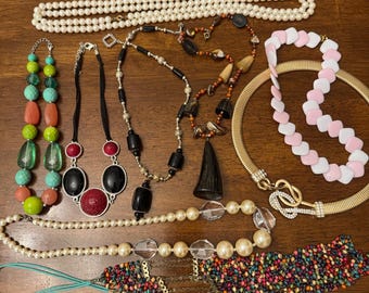Vintage Statement Necklace Lot Faux Pearl Boho Chunky Gold Tone Rhinestone