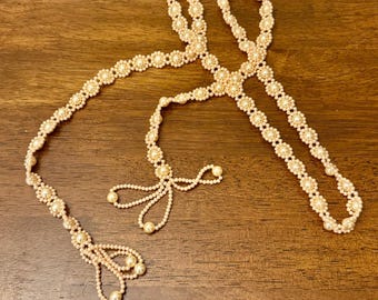 Vintage Woven Faux Pearl Rosette Tie Front Belt Cream Beaded Sash 46 Inch