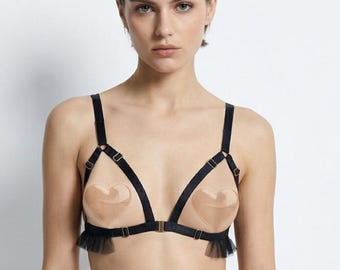 Midnattsvävd Peekaboo-bralette, svarta sidenband, tyllvolangunderkläder