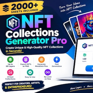 以下が含まれることがあります： ノートパソコンの画面に表示されたNFT Collections Generator Proというデジタルソフトウェアインターフェース。20層のレイヤー、PNG出力、ワンクリック生成のアイコンが特徴です。グラフィックには2000枚以上のシートを宣伝するテキストオーバーレイが含まれています。