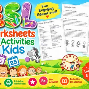 May include: A colorful educational book cover titled ESL Worksheets and Activities for Kids, featuring illustrations of a giraffe, zebra, and children. It displays a table of contents, sample pages, a clock, and text including Fun Engaging Educational.