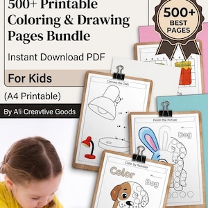 Peut inclure: Un ensemble numérique de plus de 500 pages de coloriage et de dessin imprimables pour enfants au format A4. Le texte indique 500+ Printable Coloring & Drawing Pages Bundle, Instant Download PDF, For Kids, A4 Printable, By Ali Creavtive Goods, 500+ BEST PAGES.