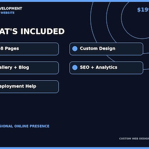 Może przedstawiać: Ciemnoniebieska graficzna reklama strony internetowej dotyczącej tworzenia stron www. Tekst zawiera: WHAT'S INCLUDED, 5-8 Pages, Custom Design, Gallery + Blog, SEO + Analytics, Deployment Help, PROFESSIONAL ONLINE PRESENCE oraz CUSTOM WEB DESIGN.