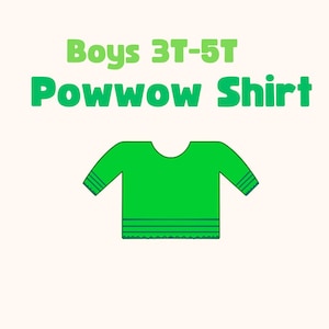 May include: A bright green short-sleeved shirt with dark green horizontal stripes on the sleeves and hem. The text above the shirt reads Boys 3T-5T Powwow Shirt in light and dark green lettering against a plain off-white background.