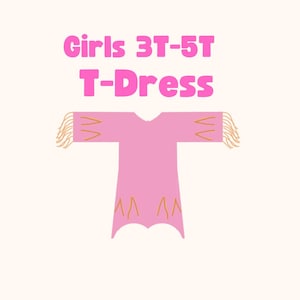 May include: A pink t-dress with fringe details on the sleeves and hem. The text Girls 3T-5T T-Dress is displayed in large pink letters above the garment. The dress features a simple silhouette with short sleeves and a straight hemline.