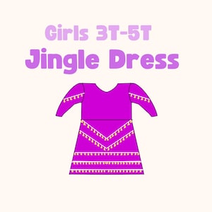 May include: A bright magenta dress with long sleeves and a round neckline. The dress features horizontal rows of small yellow tassels across the sleeves and skirt. The text "Girls 3T-5T Jingle Dress" is printed in light purple above the dress.