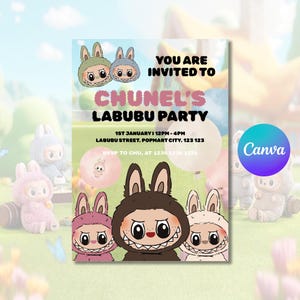 Invito di compleanno Labubu / Modello Canva per festa Pop Mart / Download digitale modificabile / Invito a forma di mostro carino