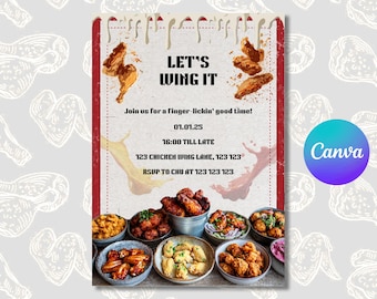 May include: A party invitation with the text "LET'S WING IT" and event details. The invitation features images of chicken wings and various side dishes. The background is a light color with wing illustrations.