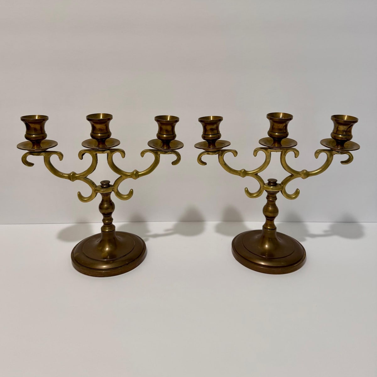 Pair Vintage Solid Brass 3-arm Candelabra