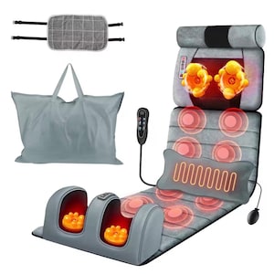 May include: A gray massage chair pad with a foot massager, a pillow, and a remote control. The chair pad has several orange massage nodes and a heating function. Includes a gray carrying bag and a back support.