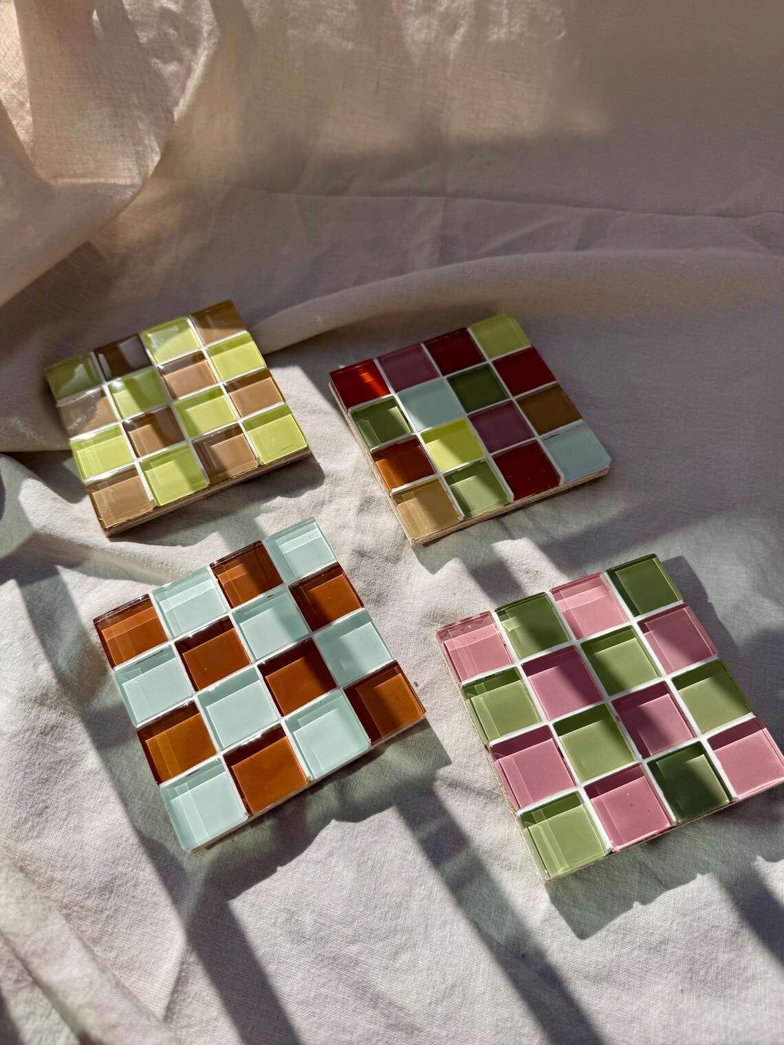 Muted Pastel Sunlit Neutral - Handmade Mosaic Glass Tile Coasters Set ...